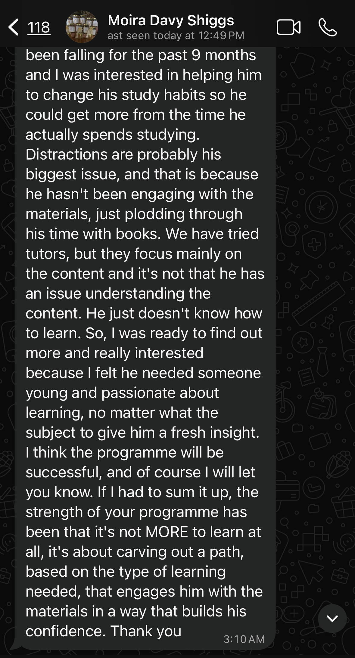 Student testimonial from Moira